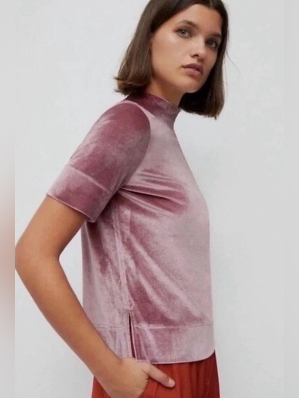 ANTHROPOLOGIE Small Krishna Velvet Mock Neck Top Dusty Rose Pink